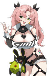 Rule 34 | 1girl, :d, absurdres, bare shoulders, black ribbon, black shorts, breasts, candy shunya, cleavage, clothing cutout, commentary request, cowboy shot, cutoffs, green eyes, hair ribbon, head tilt, highres, large breasts, long sleeves, looking at viewer, micro shorts, midriff, mole, mole on breast, mole on thigh, mole under eye, nail polish, navel, nicole demara, open mouth, pink hair, ribbon, shorts, shoulder cutout, simple background, smile, solo, standing, stomach, strapless, thighs, tube top, two side up, w, white background, zenless zone zero