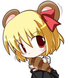 Rule 34 | 1girl, animal ears, blonde hair, chibi, embodiment of scarlet devil, female focus, holding, holding with tail, kemonomimi mode, licking, prehensile tail, r pascal, raccoon ears, raccoon tail, red eyes, rumia, short hair, solo, tail, tongue, touhou, white background
