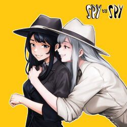 Rule 34 | 2girls, black hair, black hat, black jacket, black necktie, black spy, buttons, copyright name, fedora, grin, hat, highres, jacket, long hair, looking at another, minamoto80486, multiple girls, necktie, outline, personification, ringed eyes, simple background, smile, spy vs spy, teeth, white hair, white hat, white jacket, white outline, white spy, yellow background