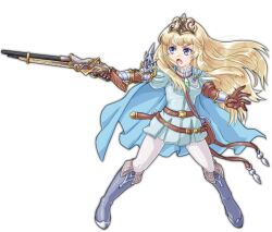 Rule 34 | 1girl, :o, aiming, belt, blonde hair, blue eyes, blue footwear, boots, breasts, brown gloves, eruca, full body, gloves, godfinal, legs apart, long hair, looking to the side, medium breasts, pantyhose, puff and slash sleeves, puffy sleeves, radiant historia, simple background, solo, sword, tiara, weapon, weapon on back, white background, white pantyhose