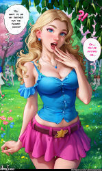 Rule 34 | !?, 1girl, absurdres, aqua footwear, arm at side, aroma sensei, artist name, bare shoulders, belt, blonde hair, blue eyes, blue shirt, blush, breasts, camisole, cleavage, collarbone, contrapposto, covering own mouth, cowboy shot, english text, eyeshadow, forehead, forest, frilled shirt, frills, gasp, grass, haley (stardew valley), hand over own mouth, highres, jewelry, large breasts, long hair, looking at viewer, makeup, maru (stardew valley), midriff peek, miniskirt, mole, mole on breast, nature, necklace, nose, open mouth, outdoors, parted hair, patreon username, penny (stardew valley), petals, pink skirt, shirt, shoes, skirt, socks, solo focus, speech bubble, standing, star (symbol), stardew valley, thigh gap, watermark, wavy hair, web address, white socks
