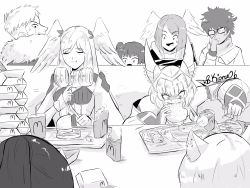 Rule 34 | 3boys, 5girls, animal ears, artist name, burger, cat ears, commentary, curly hair, eating, english commentary, eunie (xenoblade), fangs, food, french fries, fur trim, glasses, greyscale, head wings, highres, kiora06, lanz (xenoblade), mcdonald&#039;s, melia antiqua, mio (xenoblade), monochrome, multiple boys, multiple girls, nia (xenoblade), noah (xenoblade), sena (xenoblade), side ponytail, spoilers, sweatdrop, table, taion (xenoblade), wings, xenoblade chronicles (series), xenoblade chronicles 3