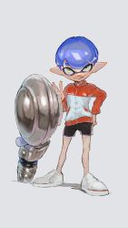 Rule 34 | 1boy, absurdres, bike shorts, blue hair, commentary request, full body, hand on own hip, hehewrite06, highres, inkling, inkling boy, inkling player character, jacket, male focus, multicolored clothes, multicolored jacket, nautilus (splatoon), nintendo, orange jacket, shoes, short hair, simple background, smile, solo, splatoon (series), splatoon 3, standing, tentacle hair, two-tone jacket, white background, white footwear, white jacket, yellow eyes