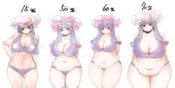 Rule 34 | 1girl, arms behind back, belly, bra, breasts, curvy, fat, fat rolls, hat, hiro (h-net), huge breasts, large breasts, long hair, looking at viewer, mob cap, navel, obese, panties, patchouli knowledge, plump, progression, purple bra, purple hair, purple panties, red eyes, seductive smile, simple background, smile, thighs, touhou, underwear, underwear only, weight gain, wide hips