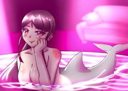 Rule 34 | 1girl, blush, couch, dolphin girl, long hair, mermaid, monster girl, nude, original, partially submerged, pink eyes, pink hair, scales, smile