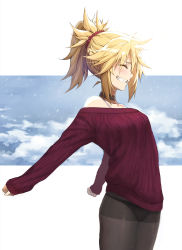 Rule 34 | 1girl, black panties, blonde hair, blue sky, braid, breasts, brown pantyhose, choker, closed eyes, collarbone, fate/apocrypha, fate (series), grin, half up braid, highres, long hair, mordred (fate), mordred (fate/apocrypha), off-shoulder sweater, off shoulder, panties, panties under pantyhose, pantyhose, parted bangs, ponytail, purple sweater, sidelocks, sky, small breasts, smile, solo, sweater, thighband pantyhose, thighs, tonee, underwear