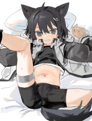 Rule 34 | 1girl, ahoge, animal ear fluff, animal ears, black shirt, black shorts, black tail, commentary request, commission, cropped shirt, hair between eyes, hair ornament, hairclip, hand up, high collar, highres, jacket, knee up, long sleeves, looking at viewer, lying, mishe (yan-k), navel, on back, on bed, original, paid reward available, shirt, short hair, shorts, skeb commission, smile, solo, spread legs, straight-on, tail, thigh strap, white jacket, wolf ears, wolf tail, yuki hotaru