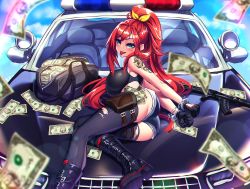 Rule 34 | 1girl, absurdres, ass, assault rifle, banknote, black footwear, black gloves, black shirt, black thighhighs, blush, boots, breasts, car, clenched hands, commission, cropped shirt, cuffs, denim, denim shorts, dollar bill, elly (vtuber), gloves, green eyes, gun, hair ribbon, handcuffs, head tilt, highres, indie virtual youtuber, large breasts, long hair, lying, money, motor vehicle, on vehicle, police car, ponytail, red hair, ribbon, rifle, samael (5211), shirt, short shorts, shorts, skeb commission, sleeveless, sleeveless shirt, solo, thighhighs, tongue, tongue out, torn clothes, torn thighhighs, virtual youtuber, weapon, yellow ribbon