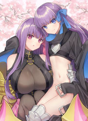 Rule 34 | 10s, 2girls, armored boots, bad id, bad pixiv id, bare shoulders, belt, belt collar, black coat, blue eyes, blue ribbon, boots, breasts, cherry blossoms, cleavage, coat, collar, commentary, coyucom, crotch plate, fate/extra, fate/extra ccc, fate (series), flower, hair ribbon, highres, huge breasts, long hair, looking at viewer, meltryllis (fate), multiple girls, navel, o-ring, o-ring top, passionlip (fate), pink ribbon, purple eyes, purple hair, revealing clothes, ribbon, sleeves past wrists, smile, stomach