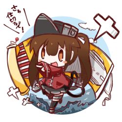 Rule 34 | &gt;:d, 10s, 1girl, :d, blush stickers, brown eyes, brown hair, chibi, highres, japanese clothes, kantai collection, kariginu, long hair, machinery, nuu (nu-nyu), open mouth, pleated skirt, pointing, ryuujou (kancolle), shikigami, sketch, skirt, smile, solo, translation request, v-shaped eyebrows, visor cap