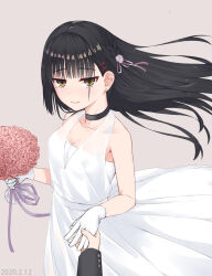 Rule 34 | 1boy, 1girl, 2020, bare shoulders, black choker, black hair, blush, bouquet, braid, breasts, cafe stella to shinigami no chou, chinese commentary, choker, cleavage, closed mouth, collarbone, commentary request, cowboy shot, dated, dress, earrings, eyelashes, floating hair, flower, gloves, hair between eyes, hair flower, hair ornament, hair ribbon, hairclip, hands up, hetero, highres, holding, holding bouquet, holding hands, jewelry, jitome, light brown background, lips, long hair, looking at viewer, medium breasts, mole, mole under eye, pink ribbon, pov, purple ribbon, qumai79, red ribbon, ribbon, rose, shiki natsume, side braid, simple background, sleeveless, sleeveless dress, smile, solo focus, standing, stud earrings, wedding, wedding dress, white dress, white flower, white gloves, white rose, yellow eyes