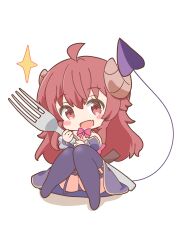 Rule 34 | 1girl, :d, absurdres, ahoge, black thighhighs, blush stickers, bow, chibi, commentary, curled horns, demon girl, demon horns, demon tail, fang, fork, garter straps, hair between eyes, highres, holding, holding fork, horns, knees together feet apart, knees up, long hair, looking at viewer, machikado mazoku, open mouth, pink bow, pon sugar, red eyes, red hair, simple background, sitting, skin fang, smile, solo, sparkle, tail, tareme, thighhighs, very long hair, wavy hair, white background, yoshida yuuko (machikado mazoku)