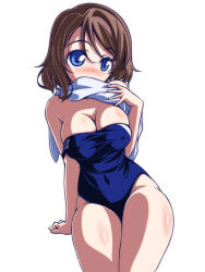 Rule 34 | 1girl, blue eyes, blue one-piece swimsuit, breasts, brown hair, cleavage, clothes pull, commentary request, covered mouth, covered navel, kikuchi tsutomu, large breasts, looking at viewer, love live!, love live! sunshine!!, off shoulder, one-piece swimsuit, one-piece swimsuit pull, short hair, simple background, sitting, solo, swimsuit, towel, towel around neck, watanabe you, white background