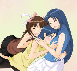 Rule 34 | 00s, 3girls, amami haruka, blue eyes, blue hair, breast smother, breasts, brown hair, face to breasts, hug, idolmaster, idolmaster (classic), idolmaster 1, kisaragi chihaya, miura azusa, multiple girls, smother, thighhighs, willwind30