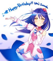 Rule 34 | 1girl, birthday, blue hair, blush, bokutachi wa hitotsu no hikari, character name, choker, commentary request, cowboy shot, dated, dress, earrings, elbow gloves, flower, gloves, hair flower, hair ornament, hand on own chest, happy birthday, highres, jewelry, long hair, looking at viewer, love live!, love live! school idol project, muse loss, outstretched arm, petals, single elbow glove, single glove, smile, solo, sonoda umi, white gloves, yellow eyes