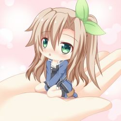 Rule 34 | 10s, 1girl, blush, bow, brown hair, chibi, green eyes, hair bow, hair ornament, if (neptunia), in palm, long hair, looking at viewer, mini person, minigirl, neptune (series), open mouth, ribbon, side ponytail, sitting, size difference, solo, wariza, whitey
