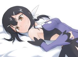 Rule 34 | 1girl, black hair, blush, breasts, brown eyes, commentary request, detached sleeves, fate/kaleid liner prisma illya, fate (series), from side, frown, hair between eyes, hair ornament, hairclip, long hair, looking at viewer, lying, miyu edelfelt, on back, simple background, small breasts, solo, tatsu (tanishi 24), upper body, white background