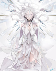 Rule 34 | 1girl, bamuth, breasts, cape, capelet, cleavage, dress, floating, floating object, gloves, hair between eyes, hands on own face, highres, long hair, looking at viewer, mole, mole under eye, original, panties, parted lips, pink eyes, solo, underwear, white capelet, white dress, white hair, white legwear, white panties
