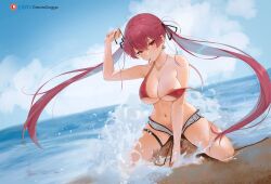 Rule 34 | 1girl, areola slip, arm up, beach, bikini, blue sky, breasts, cloud, day, dolphin shorts, earrings, floating hair, full body, greatodoggo, hair ribbon, heterochromia, highres, hololive, houshou marine, houshou marine (summer), jewelry, large breasts, long hair, looking at viewer, mouth hold, necklace, ocean, outdoors, red eyes, red hair, ribbon, sand, shorts, sky, solo, swimsuit, thigh strap, thighs, twintails, untied bikini, very long hair, virtual youtuber, wardrobe malfunction, waves, yellow eyes