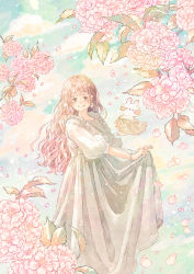Rule 34 | 1girl, blush, brown eyes, cherry blossoms, clothes lift, cloud, cloudy sky, day, dress, falling petals, flower, frilled dress, frills, highres, leaf, light brown hair, long dress, looking at viewer, momochy, original, pale color, pastel colors, peony (flower), petals, pink flower, pink skirt, plant, puffy sleeves, rabbit, skirt, skirt lift, sky, sky, sleeves past elbows, smile, wavy hair, white dress
