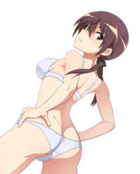 Rule 34 | 1girl, ass, bikini, blush, breasts, brown eyes, brown hair, butt crack, cowboy shot, dutch angle, gertrud barkhorn, groin tendon, hair between eyes, hands on own hips, long hair, looking at viewer, medium breasts, nanashino, sideboob, solo, strike witches, swimsuit, thighs, white background, white bikini, world witches series