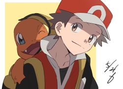 Rule 34 | 1boy, backpack, bag, baseball cap, border, brown eyes, brown hair, charmander, closed mouth, commentary request, creatures (company), game freak, gen 1 pokemon, hat, jacket, male focus, nintendo, pokemon, pokemon (creature), pokemon frlg, pokemon on back, red (pokemon), red headwear, red jacket, shirt, short hair, sleeveless, sleeveless jacket, smile, spiked hair, t-shirt, three guo, white border, yellow background, yellow bag