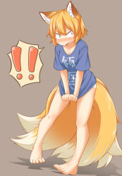 Rule 34 | !, !!, &gt;:o, 1girl, :o, angry, animal ears, bare legs, barefoot, blonde hair, blush, breasts, cleavage, clothes pull, clothes writing, embarrassed, fang, fox ears, fox tail, full body, grey background, multiple tails, no headwear, no pants, open mouth, panties, shirt, shirt pull, shirt tug, short hair, simple background, skirt, skirt pull, solo, standing, t-shirt, tail, tamahana, tears, touhou, underwear, v-shaped eyebrows, white panties, yakumo ran, yellow eyes