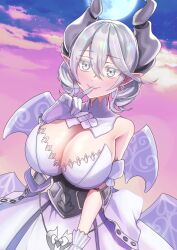 Rule 34 | 1girl, breasts, cleavage, demon girl, demon horns, demon wings, dress, duel monster, finger to mouth, gloves, grey eyes, highres, horns, large breasts, looking at viewer, lovely labrynth of the silver castle, low wings, multiple wings, pinyata (pinyaland), pointy ears, smile, solo, twintails, white hair, wings, yu-gi-oh!