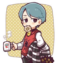 Rule 34 | 1boy, aqua hair, black pants, coat, collared vest, commentary request, cup, doughnut, employee (project moon), food, food in mouth, half-closed eyes, hatake shimeji, holding, holding clothes, holding coat, holding cup, lobotomy corporation, long sleeves, lowres, male focus, mug, pants, pon de ring, project moon, red vest, shirt, short hair, solo, vest, white shirt
