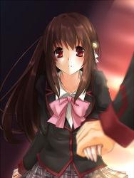 Rule 34 | 1girl, blurry, brown hair, dragging, little busters!, long hair, natsume rin, perspective, plaid, plaid skirt, ponytail, red eyes, school uniform, seleca, skirt, solo focus
