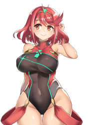 Rule 34 | 1girl, absurdres, arm behind head, armpits, black one-piece swimsuit, blush, bodysuit, breasts, competition swimsuit, covered collarbone, cowboy shot, curvy, earrings, hair ornament, halterneck, highres, hip focus, jewelry, kaorihero, large breasts, legs together, looking at viewer, medium hair, navel, nintendo, one-piece swimsuit, parted bangs, pyra (pro swimmer) (xenoblade), pyra (xenoblade), red eyes, red hair, red one-piece swimsuit, short hair, sidelocks, simple background, smile, solo, standing, swimsuit, thick thighs, thigh gap, thighs, tiara, white background, wide hips, xenoblade chronicles (series), xenoblade chronicles 2
