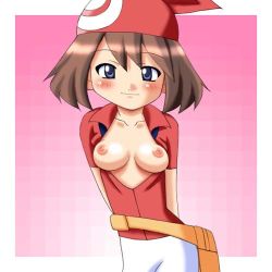 Rule 34 | breasts, copo deluxe, creatures (company), food, fruit, game freak, lowres, may (pokemon), melon, nintendo, nipples, open clothes, open shirt, pokemon, shirt