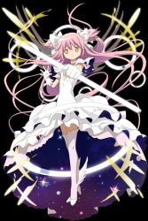 Rule 34 | 10s, 1girl, bow, dress, fluorescent lamp, full body, gloves, hair bow, hair ribbon, jewelry, kaden shoujo, kaname madoka, light bulb, light rays, long hair, magical girl, mahou shoujo madoka magica, mahou shoujo madoka magica (anime), official art, personification, pink hair, ribbon, ring, shoes, solo, starry sky print, thighhighs, transparent background, twintails, two side up, ultimate madoka, white dress, winged footwear, wings, yellow eyes