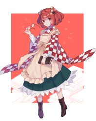 Rule 34 | 1girl, apron, bell, book, checkered clothes, checkered kimono, checkered scarf, checkered shirt, glasses, hair bell, hair ornament, japanese clothes, jingle bell, katagiri (mighty swing), kimono, looking at viewer, motoori kosuzu, red eyes, red hair, scarf, shirt, short hair, touhou, twintails, two side up, wide sleeves, yellow apron