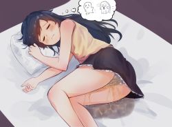 Rule 34 | 1girl, ass, bare shoulders, bed, bed sheet, bedwetting, black skirt, blue hair, blush, cameltoe, dreaming, closed eyes, frilled skirt, frills, highres, long hair, lying, on bed, on side, original, panties, peeing, peeing self, pillow, renoana, shirt, simple background, skirt, sleeping, sleeveless, sleeveless shirt, solo, thought bubble, underwear, upskirt, wavy mouth, wet, wet clothes, wet panties, white panties, yellow shirt