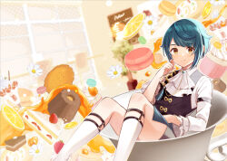 Rule 34 | 1boy, ascot, asymmetrical hair, black vest, blue hair, blurry, blurry background, blush, brooch, bundt cake, cake, cake slice, closed mouth, collared shirt, commentary request, cookie, cup, cupcake, feet out of frame, flower, food, frilled sleeves, frills, fruit, fukaya miku, gem, genshin impact, halftone, hand up, highres, icing, in container, in cup, indoors, jewelry, lemon, lemon slice, long sleeves, looking at viewer, macaron, male focus, menu, menu board, parted bangs, plant, potted plant, shirt, short hair, short shorts, shorts, sidelocks, smile, socks, solo, sparkle, strawberry, strawberry shortcake, swept bangs, swiss roll, tassel, tea, teacup, vest, wafer stick, whipped cream, white ascot, white flower, white shirt, white socks, window, wing collar, xingqiu (genshin impact), yellow eyes