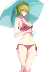 Rule 34 | 1girl, alternate hairstyle, armpits, bikini, breasts, cleavage, closed mouth, feet out of frame, green hair, hair between eyes, holding, holding umbrella, kazami yuuka, knees, large breasts, navel, plaid, plaid bikini, ponytail, red bikini, red eyes, short ponytail, side-tie bikini bottom, simple background, solo, stomach, swimsuit, thighs, tohoyuukarin, touhou, umbrella, white background