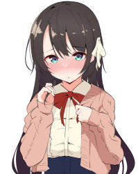 Rule 34 | 1girl, aran sweater, black hair, blue eyes, blush, bow, cable knit, frilled shirt, frills, hololive, long hair, official alternate costume, oozora subaru, oozora subaru (casual), playing with own hair, shirt, solo, sweater, terazip, virtual youtuber, white background