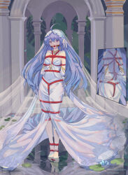 Rule 34 | 1girl, absurdres, ahoge, arms behind back, azur lane, ball gag, barefoot, bdsm, blue hair, bondage, bound, bound arms, bound legs, bound toes, commentary request, dress, earrings, flower, full body, gag, gagged, helena (azur lane), helena (miracle in white) (azur lane), highres, jewelry, lily pad, long hair, nero augustus, partially submerged, pillar, purple eyes, shibari, shibari over clothes, solo, standing, veil, water lily flower, wedding dress, white dress, wiffle gag