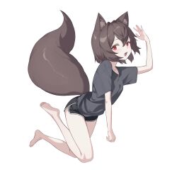 Rule 34 | 1girl, :d, absurdres, animal ear fluff, animal ears, bare legs, barefoot, black shirt, brown hair, dolphin shorts, ellu, full body, gym shorts, highres, looking at viewer, open mouth, original, red eyes, shirt, short hair, short sleeves, shorts, simple background, smile, tail, white background