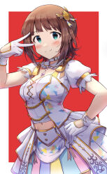 Rule 34 | 1girl, absurdres, amami haruka, blush, border, brown hair, closed mouth, collar, cowboy shot, crop top, detached collar, gloves, green eyes, hair ornament, hand on own hip, highres, idolmaster, idolmaster (classic), jewelry, looking at viewer, midriff, miniskirt, multicolored clothes, multicolored skirt, navel, outside border, overskirt, pendant, pink gemstone, pleated skirt, red background, short hair, short sleeves, shuucream (syuichi), skirt, smile, solo, standing, stomach, v, v over eye, white border, white collar, white gloves, white sleeves