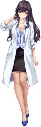 Rule 34 | 1girl, absurdres, adjusting hair, amagi ryou, black hair, black skirt, blush, boku to joi no shinsatsu nisshi, breasts, brown eyes, cleavage, closed mouth, feet, female focus, full body, game cg, hand up, highres, jewelry, lab coat, large breasts, legs, legs together, light blush, long hair, looking at viewer, mole, mole on breast, monety, necklace, nose blush, original, shoes, skirt, smile, solo, standing, thighs, transparent background