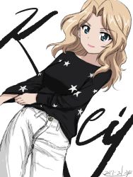 Rule 34 | 10s, 1girl, adjusting clothes, artist name, black shirt, blonde hair, blue eyes, bukkuri, casual, character name, commentary request, cowboy shot, cursive, dated, denim, girls und panzer, hair intakes, highres, jeans, kay (girls und panzer), long hair, long sleeves, looking at viewer, pants, parted lips, romaji text, shirt, signature, sketch, smile, solo, standing, star (symbol), white background, white pants