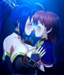Rule 34 | 2girls, ahoge, alice wishheart, between breasts, blue hair, bow, breast press, breasts, choker, cleavage, earrings, fingernails, food, gloves, jewelry, kiss, large breasts, lipstick, long hair, magical halloween, makeup, multiple girls, nail, nail polish, pocky, pocky kiss, ponytail, red hair, rosemary bergamot, shared food, shopyun, star (symbol), star earrings, symmetrical docking, yuri