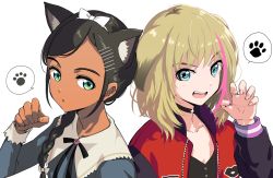 Rule 34 | 2girls, :d, :o, animal ears, aonuma neiru, black choker, black hair, black ribbon, blue eyes, bow, braid, braided ponytail, cat ears, chestnut mouth, choker, claw pose, collarbone, commentary request, dark-skinned female, dark skin, dog ears, dress, extra ears, green eyes, grey dress, hair bow, hair flaps, hair ornament, hair over shoulder, hairband, hairclip, jacket, kawai rika, letterman jacket, light brown hair, long hair, long sleeves, looking at viewer, multicolored hair, multiple girls, neck ribbon, niina ryou, open clothes, open jacket, open mouth, paw pose, paw print, ponytail, portrait, ribbon, simple background, single braid, smile, speech bubble, spoken paw, streaked hair, teeth, upper body, upper teeth only, white background, white bow, white hairband, wonder egg priority