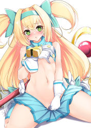 Rule 34 | 1girl, bare shoulders, bell, blazblue, blonde hair, clothes lift, gloves, heart, heart-shaped pupils, highres, lifting own clothes, long hair, low-tied long hair, miniskirt, nakareki, navel, open mouth, platinum the trinity, pleated skirt, quad tails, ribbon, shirt, skirt, skirt lift, sleeveless, symbol-shaped pupils, undressing, white gloves