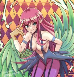 Rule 34 | 1girl, artist name, bare shoulders, breasts, claws, colored skin, duel monster, feathered wings, green eyes, harpie lady, harpie lady 1, harpy, highres, holding, holding clothes, long hair, medium breasts, monster girl, pantyhose, pointy ears, red hair, slingshot swimsuit, solo, standing, swimsuit, tongue, tongue out, usuba kagerou, winged arms, wings, yu-gi-oh!