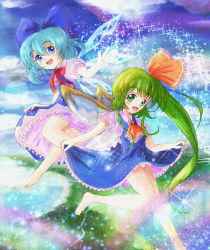 Rule 34 | 1girl, ascot, barefoot, blue dress, blue eyes, blue hair, bow, cirno, clothes lift, daiso, daiyousei, dress, green eyes, green hair, hair bow, hair ribbon, ice, ice wings, matching hair/eyes, open mouth, ribbon, side ponytail, skirt, skirt lift, smile, solo, touhou, traditional media, underwear, wings