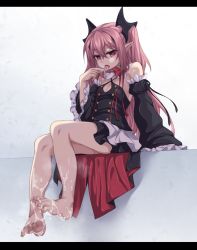 Rule 34 | 1girl, after footjob, barefoot, cum, cum on body, cum on feet, detached sleeves, feet, flat chest, frills, highres, krul tepes, kyuutou (kyuutouryuu), letterboxed, licking, long hair, looking at viewer, owari no seraph, pink hair, red eyes, saliva, sitting, solo, two side up