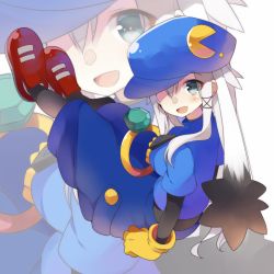 Rule 34 | 1girl, anceril sacred, bad id, bad pixiv id, blush, breasts, cosplay, gloves, hat, kaze no klonoa, klonoa, klonoa (cosplay), long hair, mishima kurone, open mouth, pac-man, pac-man (game), simple background, smile, solo, white background, zoom layer